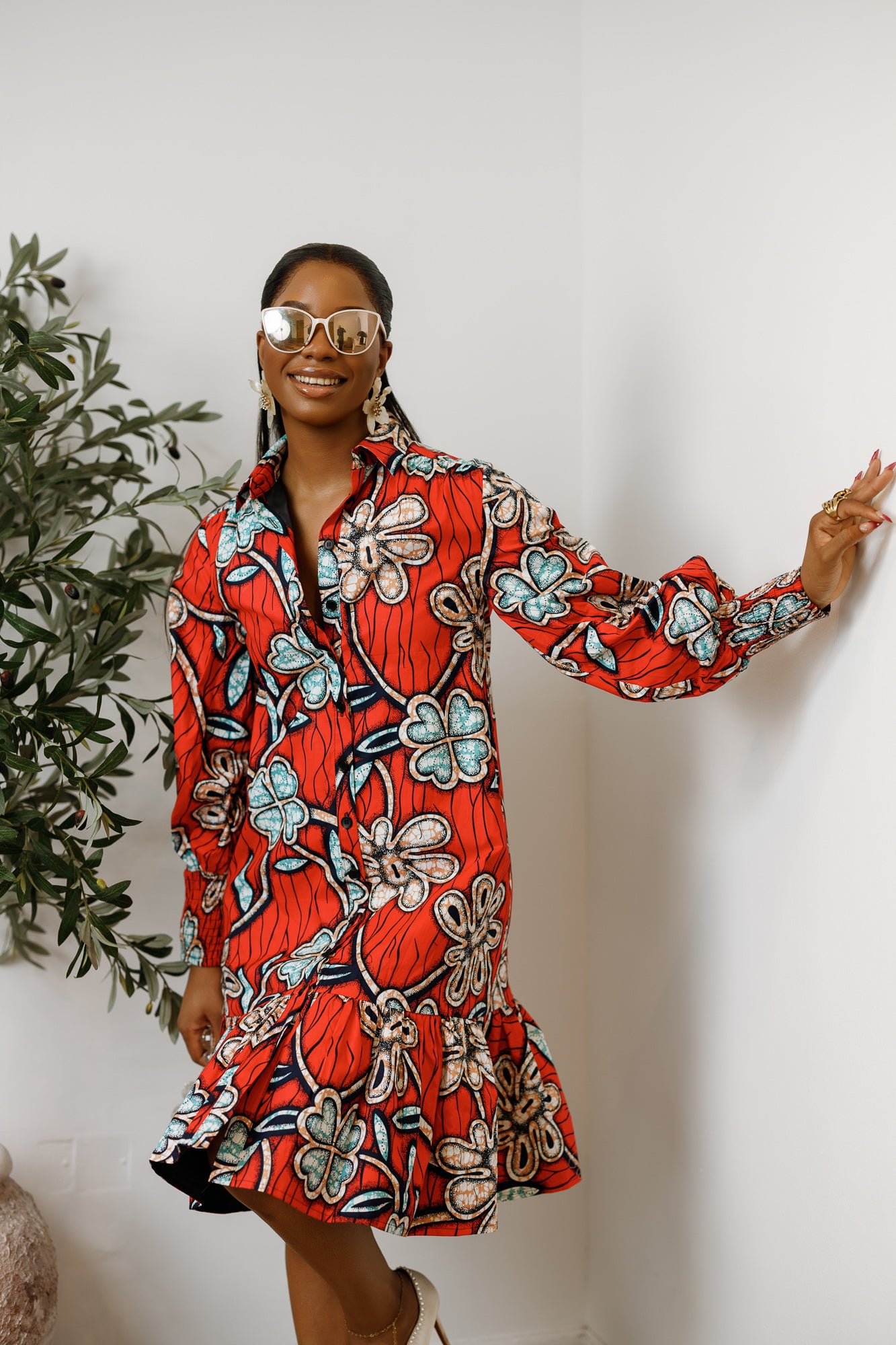JUMOKE AFRICAN PRINT RUFFLE HEM SHIRT DRESS 3X-LARGE