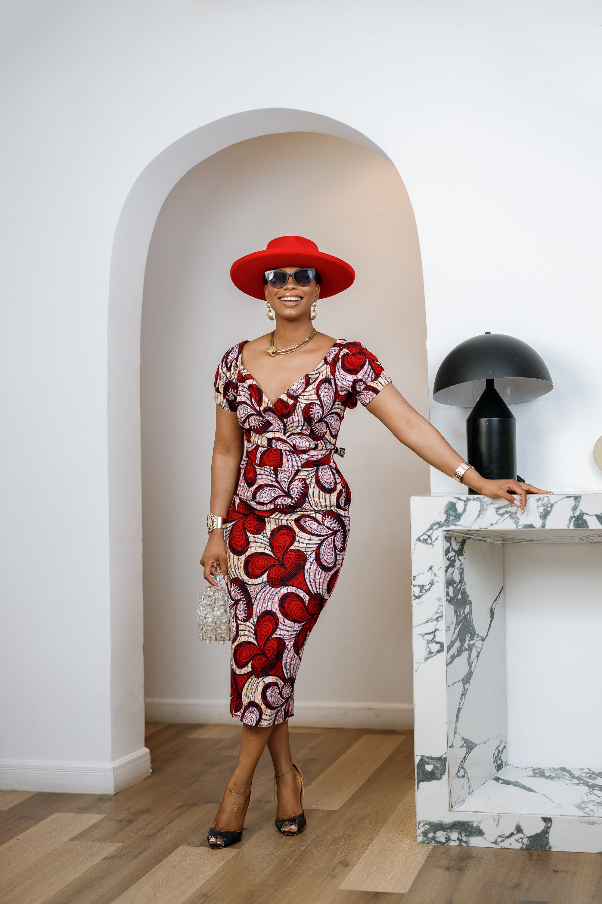 IDIA AFRICAN PRINT V-NECK PUFF SLEEVE MIDI DRESS [RED] – MAE OTTI