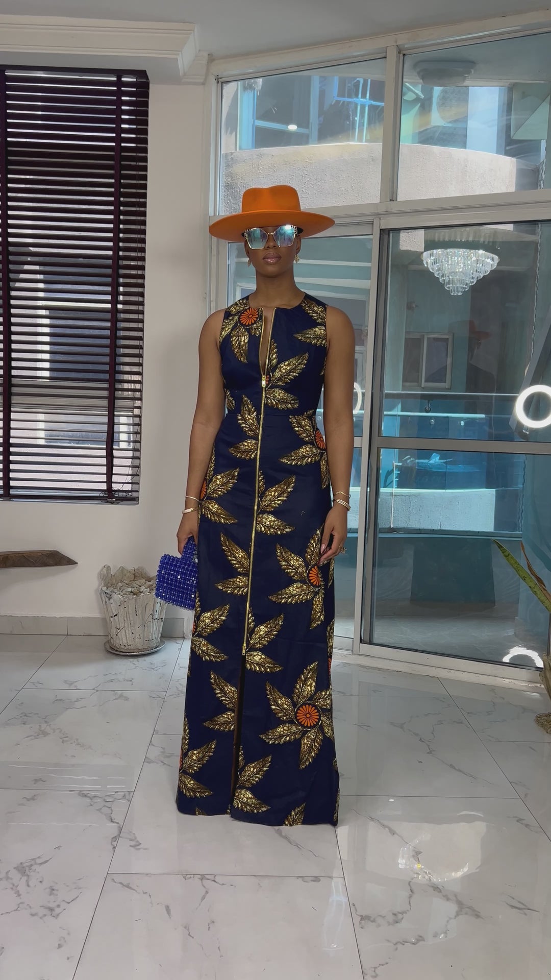 HALIMA AFRICAN PRINT MAXI FRONT ZIP DRESS [NAVY BLUE]