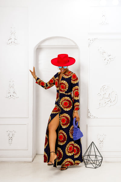FARIDA AFRICAN PRINT LONG SLEEVE FRONT ZIP MAXI DRESS [RED]