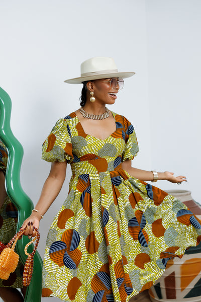 TARAJI AFRICAN PRINT PUFF SLEEVE DRESS