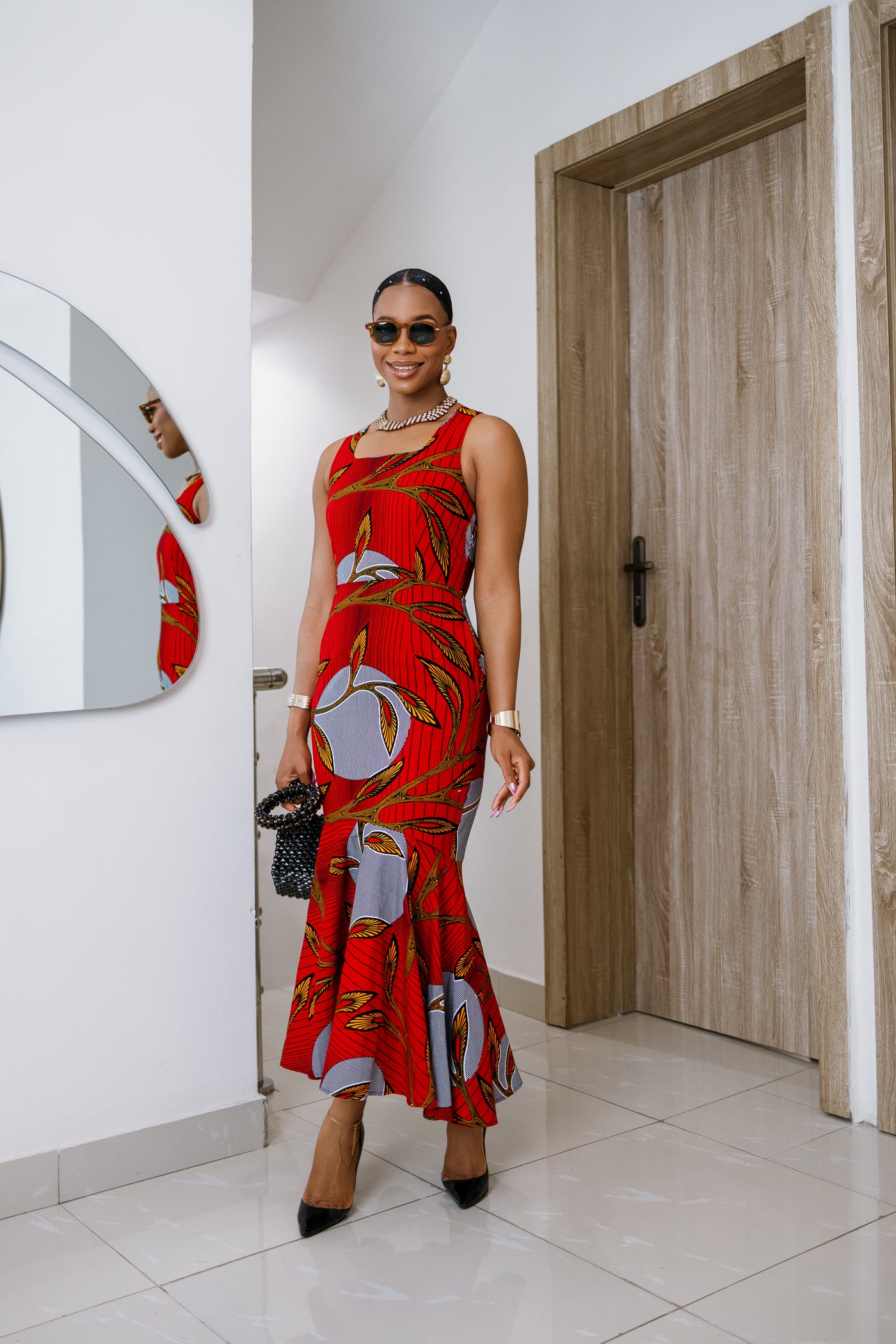 EYI AFRICAN PRINT SLEEVELESS SCOOP NECK DRESS [RED]