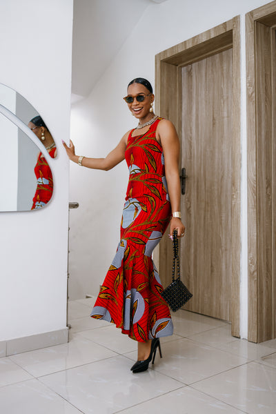EYI AFRICAN PRINT SLEEVELESS SCOOP NECK DRESS [RED]