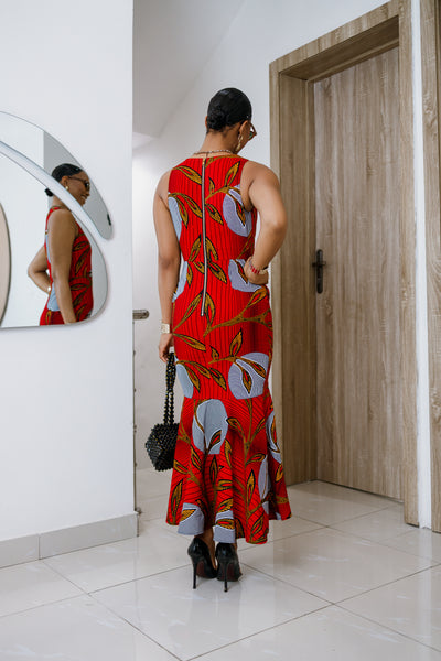 EYI AFRICAN PRINT SLEEVELESS SCOOP NECK DRESS [RED]