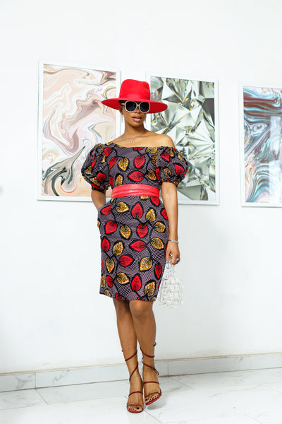 HARRIET AFRICAN PRINT OFF SHOULDER FITTED DRESS