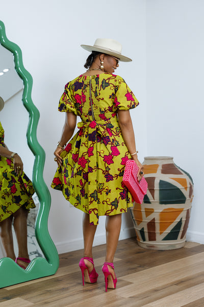 TARAJI AFRICAN PRINT PUFF SLEEVE DRESS [MULTICOLOR]