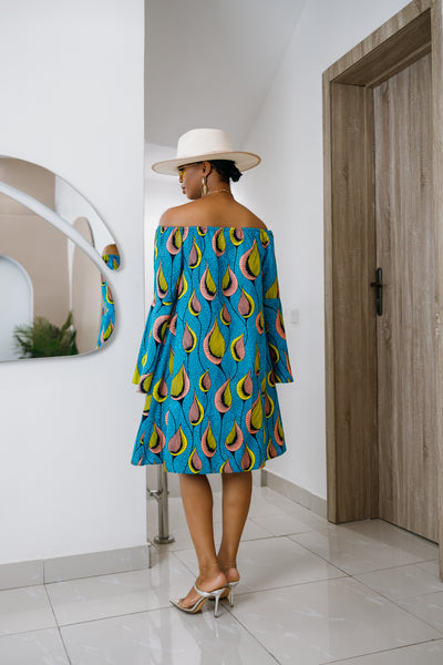 TIYE AFRICAN PRINT OFF SHOULDER DRESS [TEAL]