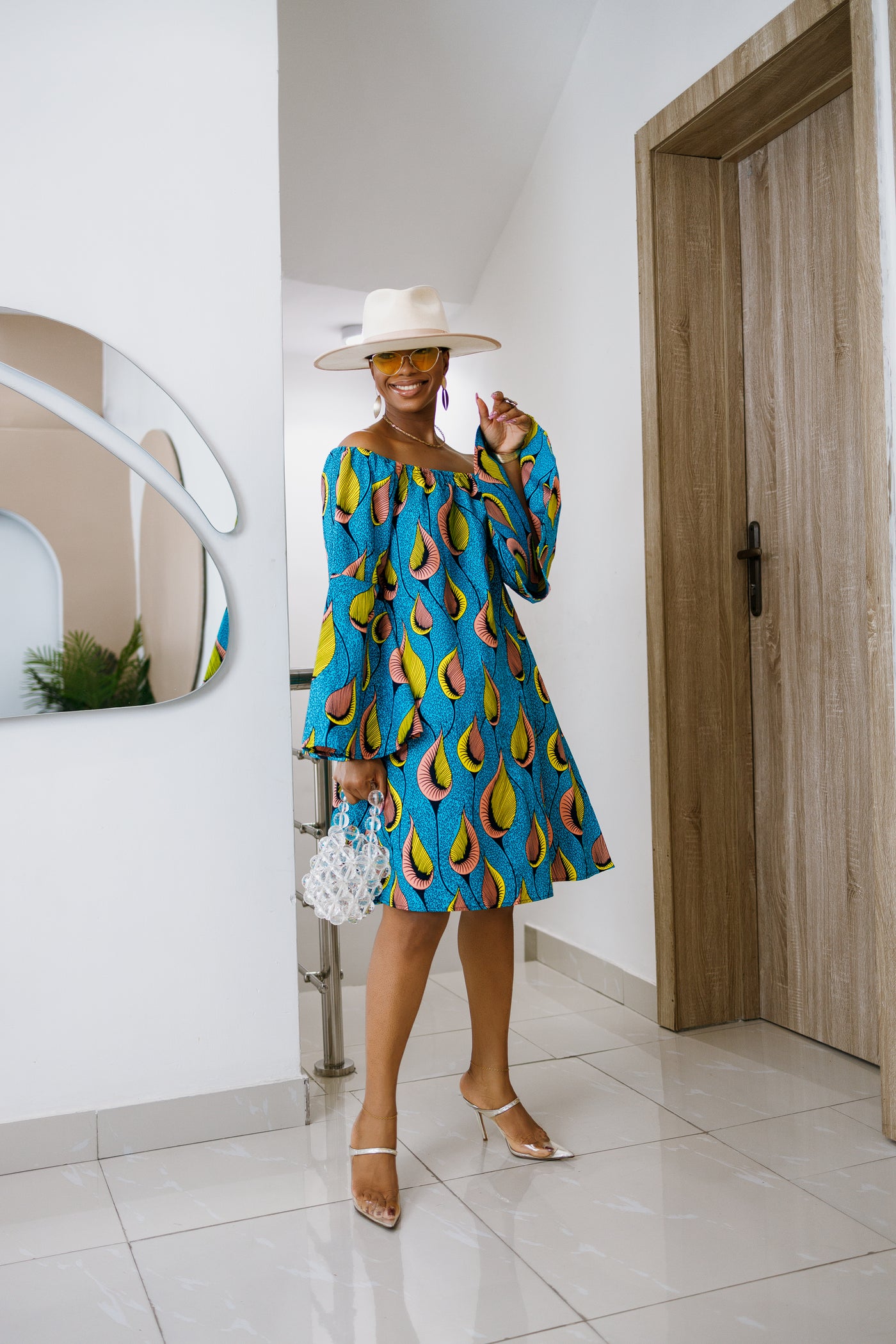 TIYE AFRICAN PRINT OFF SHOULDER DRESS [TEAL]