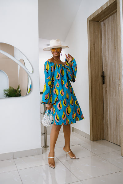TIYE AFRICAN PRINT OFF SHOULDER DRESS [TEAL]