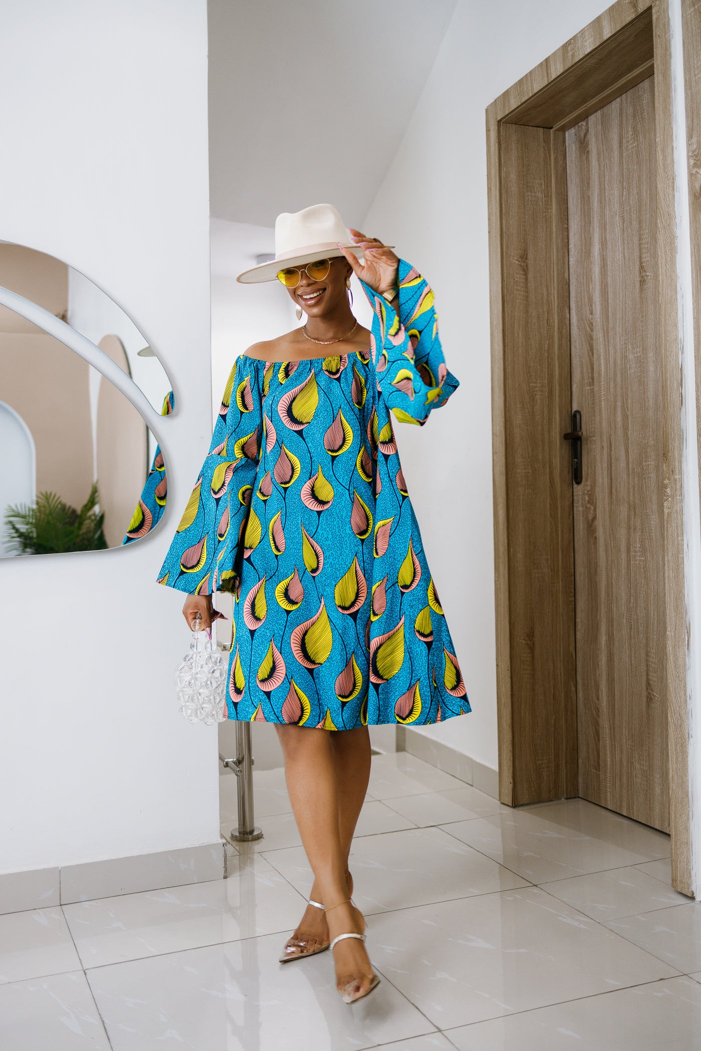 TIYE AFRICAN PRINT OFF SHOULDER DRESS [TEAL]