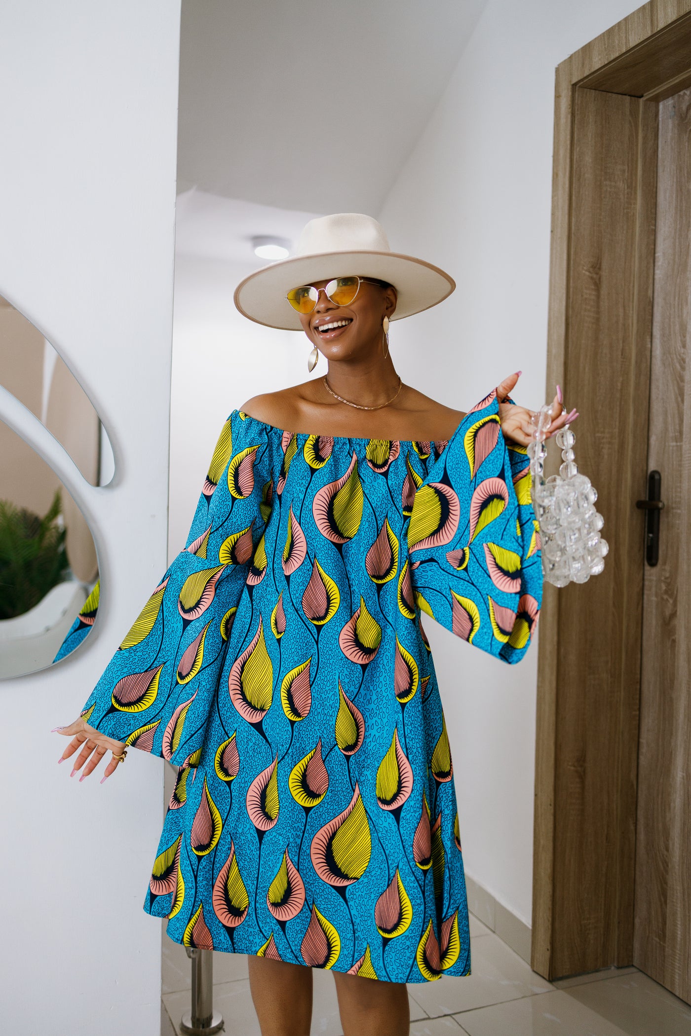 TIYE AFRICAN PRINT OFF SHOULDER DRESS [TEAL]