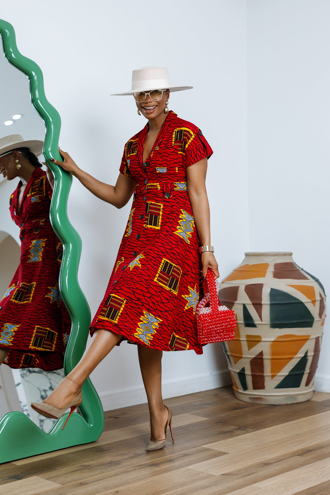 JULIET AFRICAN PRINT MIDI DRESS [RED]