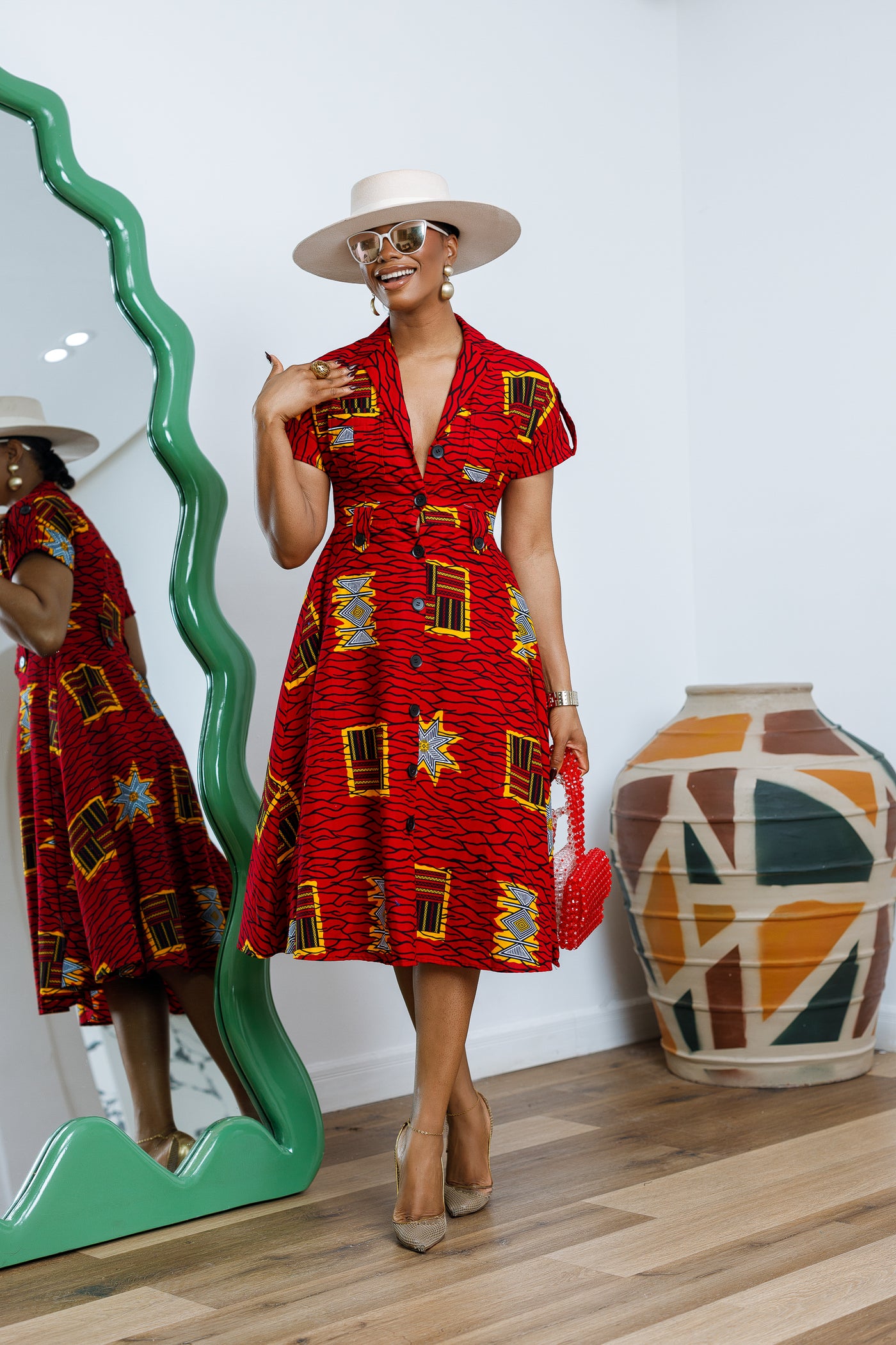 JULIET AFRICAN PRINT MIDI DRESS [RED]