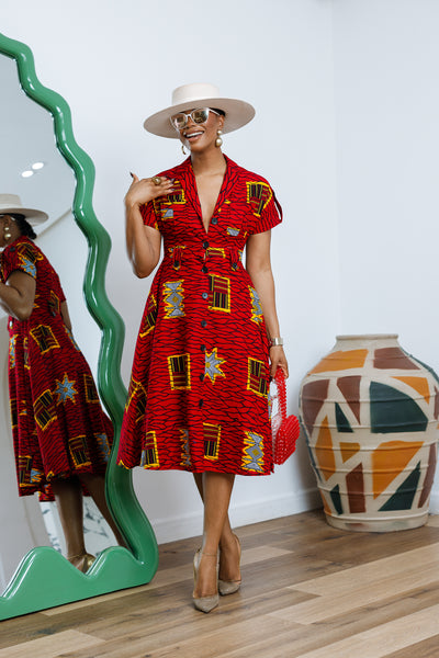 JULIET AFRICAN PRINT MIDI DRESS [RED]