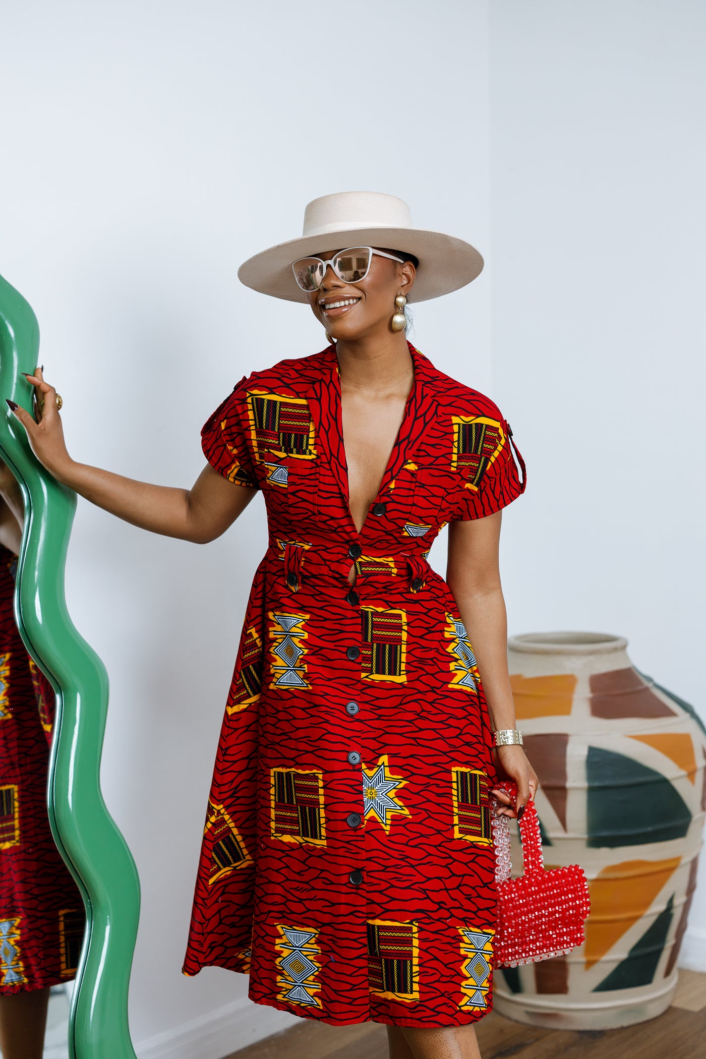 JULIET AFRICAN PRINT MIDI DRESS [RED]