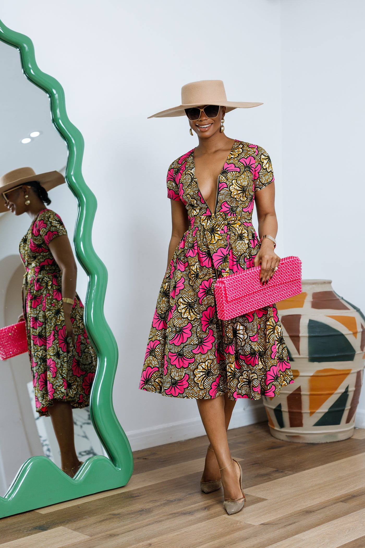 AYI AFRICAN PRINT ZIP MIDI DRESS [PINK]