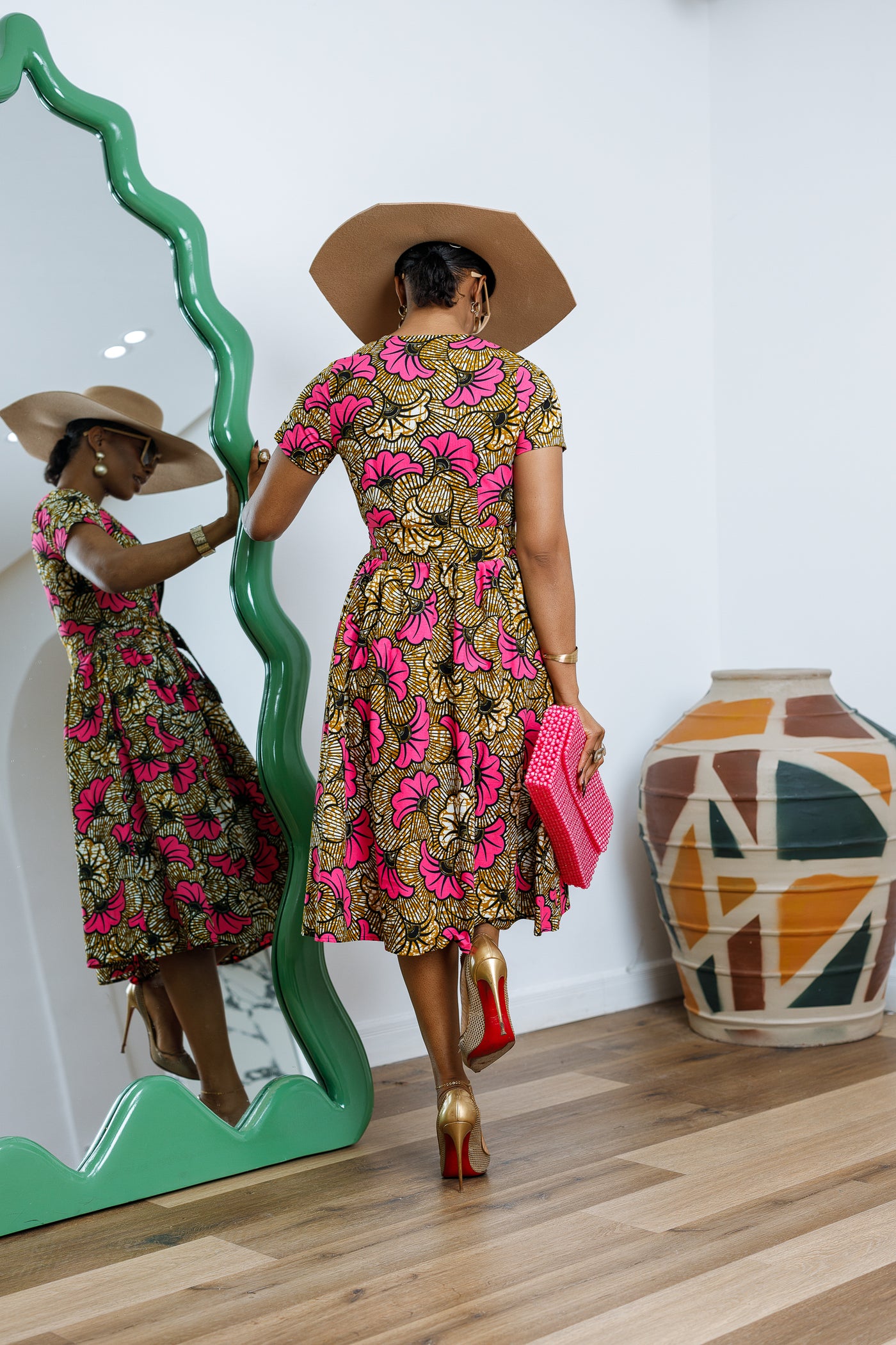 AYI AFRICAN PRINT ZIP MIDI DRESS [PINK]