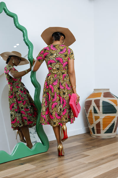 AYI AFRICAN PRINT ZIP MIDI DRESS [PINK]