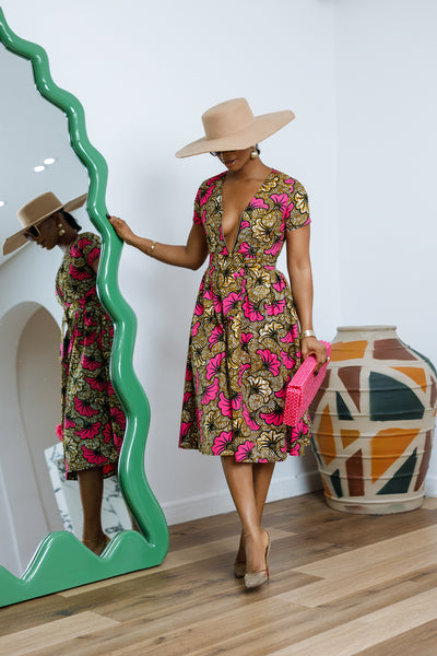 AYI AFRICAN PRINT ZIP MIDI DRESS [PINK]