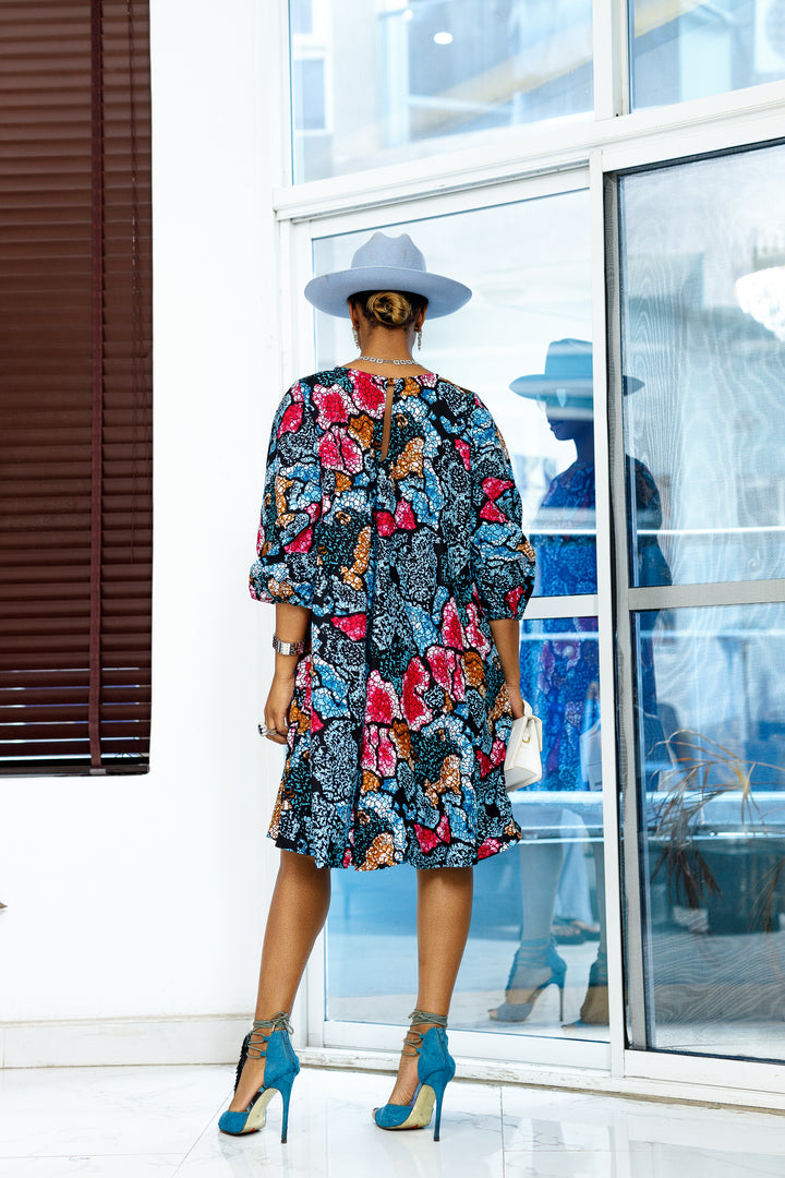 AMINA AFRICAN PRINT DRESS A-LINE DRESS [BLUE]