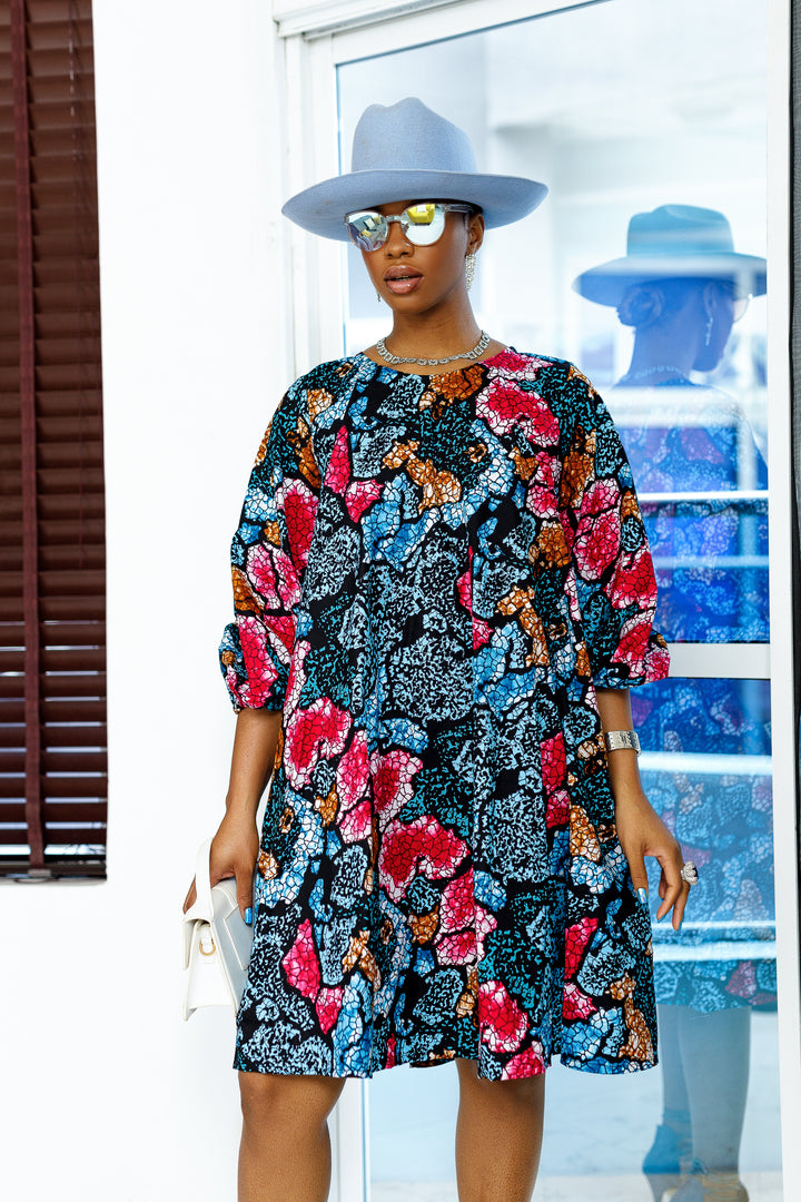 AMINA AFRICAN PRINT DRESS A-LINE DRESS [BLUE]