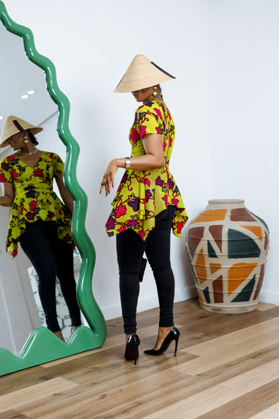 EBUN AFRICAN PRINT ASYMMETRIC PEPLUM TOP [GREEN]