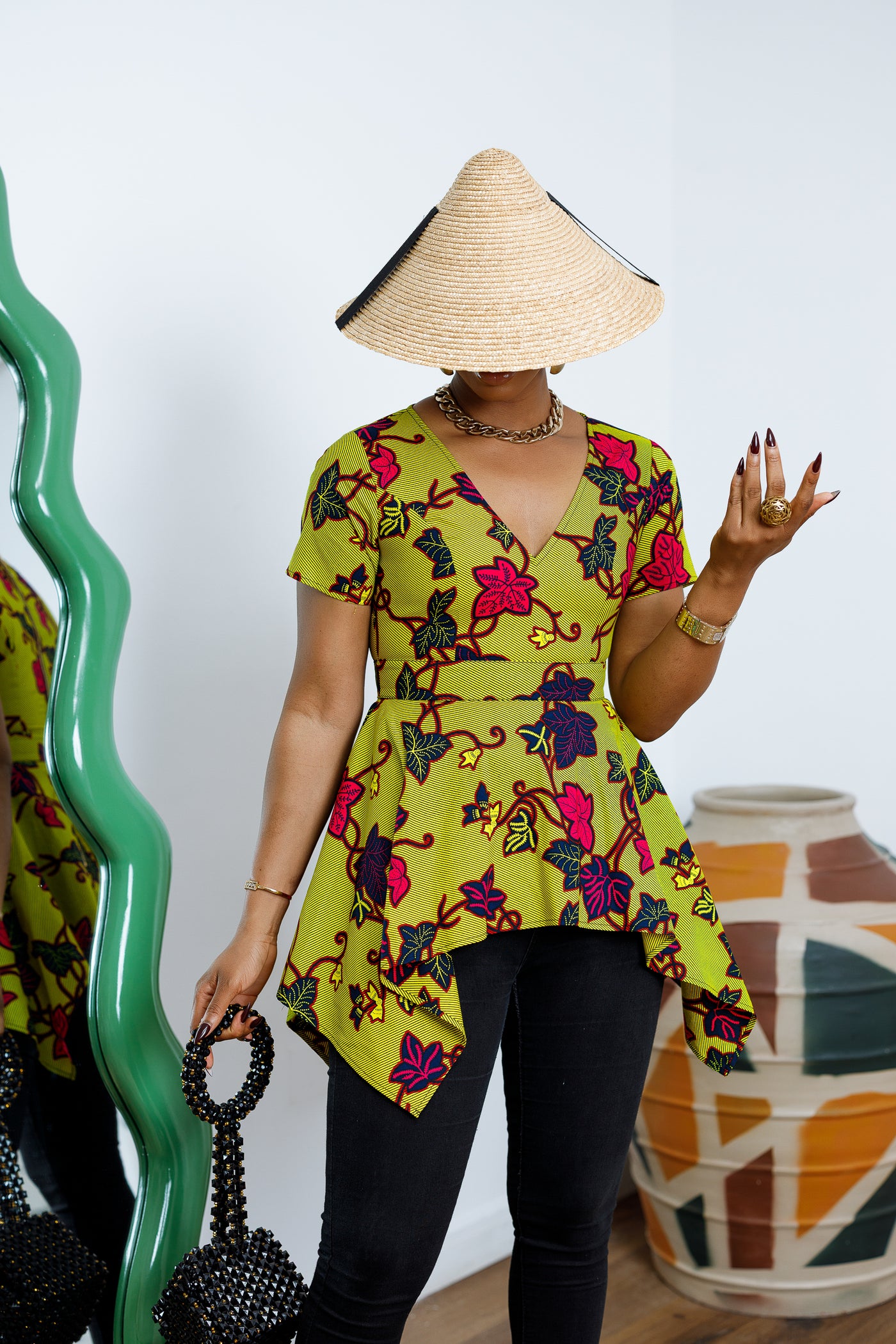 EBUN AFRICAN PRINT ASYMMETRIC PEPLUM TOP [GREEN]
