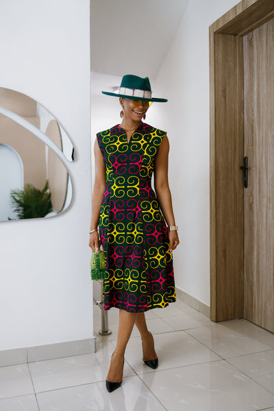 RAISA AFRICAN PRINT SLEEVELESS MIDI DRESS
