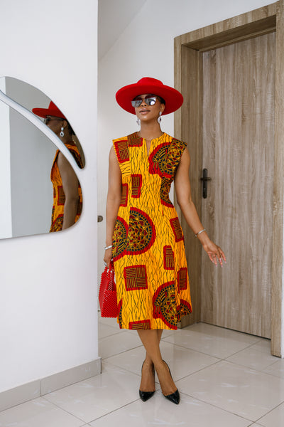RAISA AFRICAN PRINT SLEEVELESS MIDI DRESS [ORANGE]
