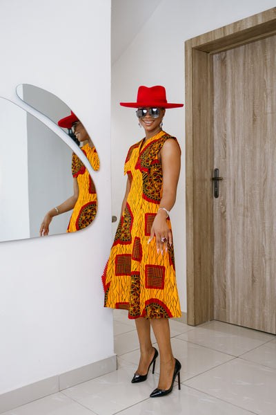 RAISA AFRICAN PRINT SLEEVELESS MIDI DRESS [ORANGE]