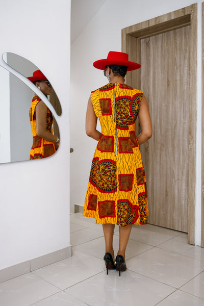 RAISA AFRICAN PRINT SLEEVELESS MIDI DRESS [ORANGE]