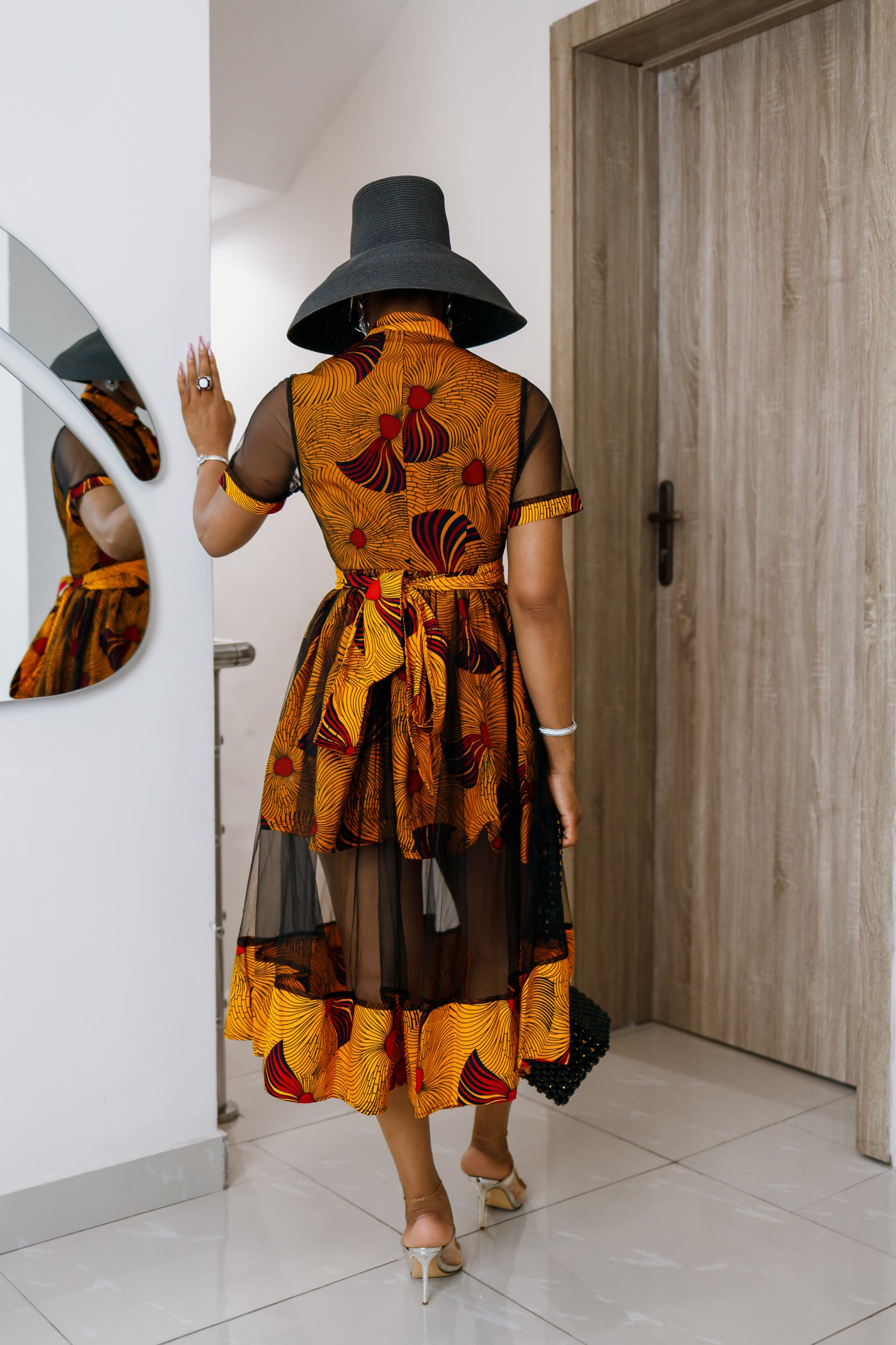 VALENTINA AFRICAN PRINT BUTTON MESH DRESS [ORANGE]