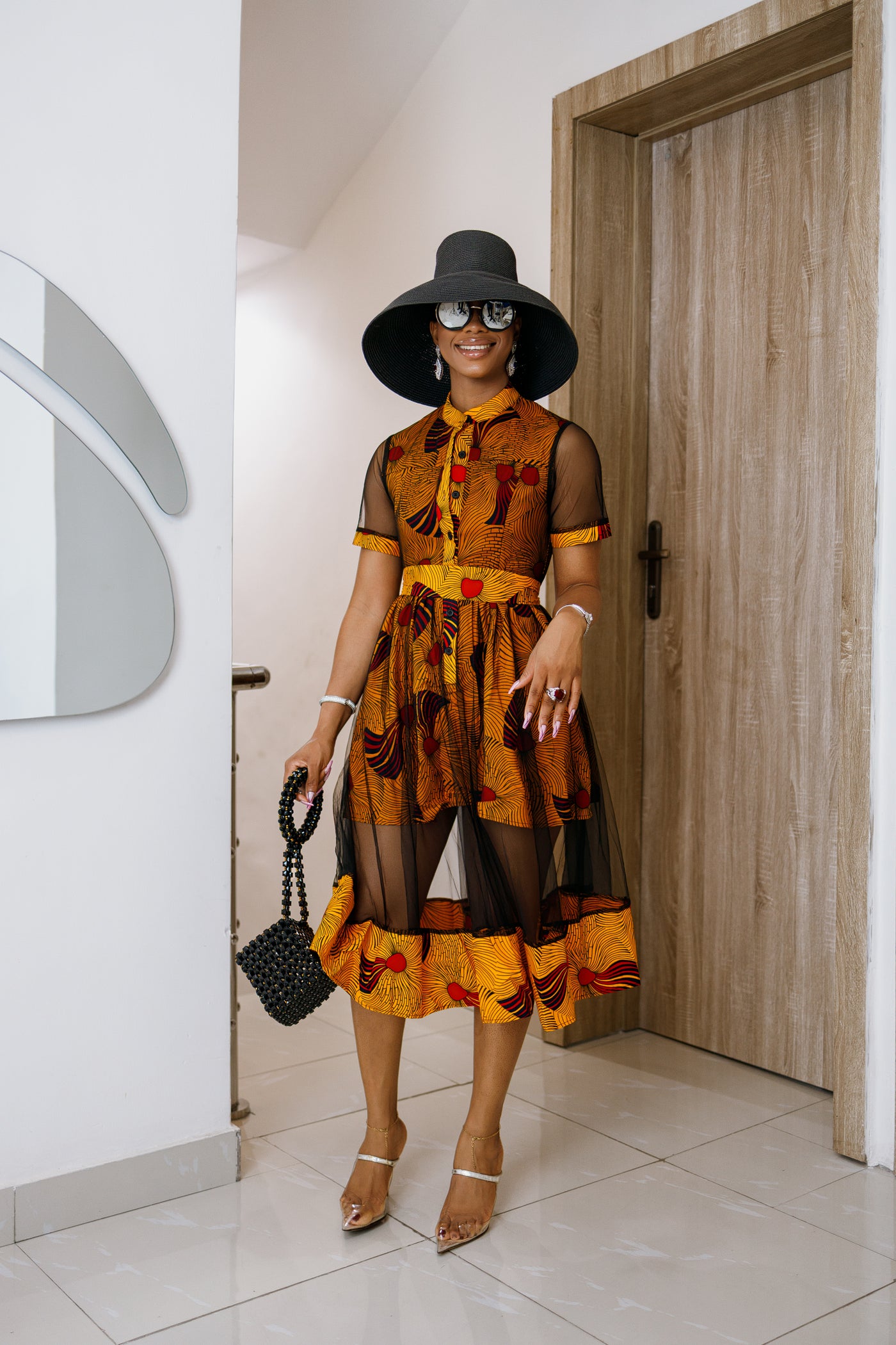 VALENTINA AFRICAN PRINT BUTTON MESH DRESS [ORANGE]