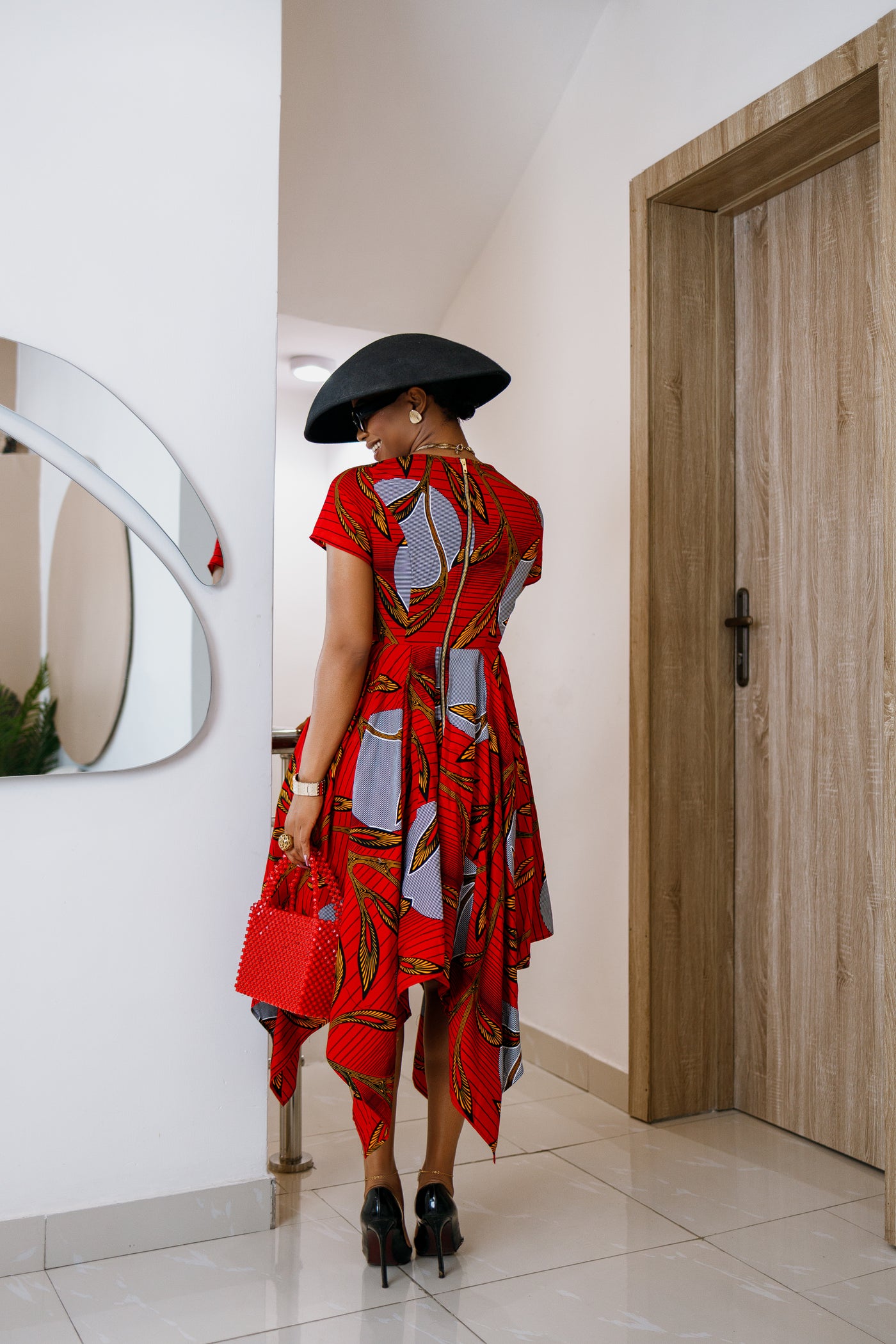 KARIMAH AFRICAN PRINT HANDKERCHIEF HEM DRESS [RED]