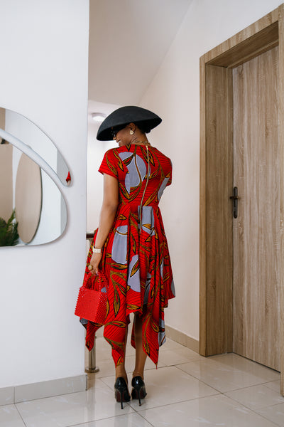 KARIMAH AFRICAN PRINT HANDKERCHIEF HEM DRESS [RED]