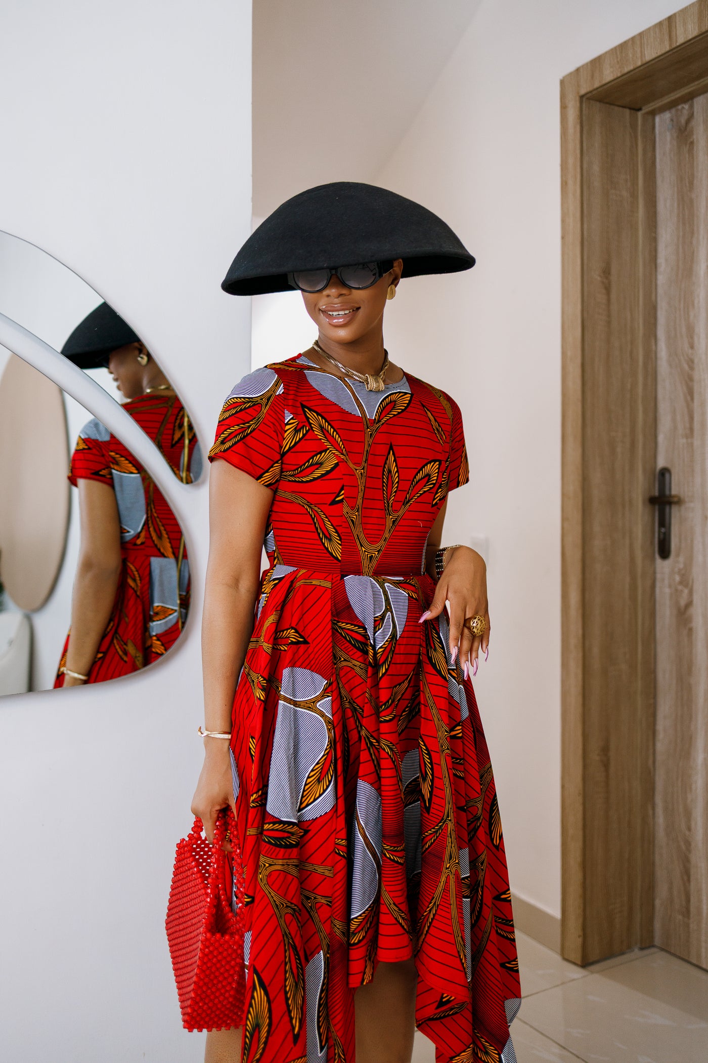 KARIMAH AFRICAN PRINT HANDKERCHIEF HEM DRESS [RED]