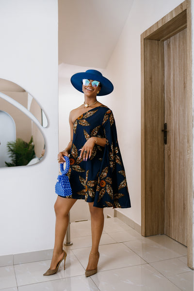 AYANNA AFRICAN PRINT MONO STRAP DRESS [NAVY BLUE]