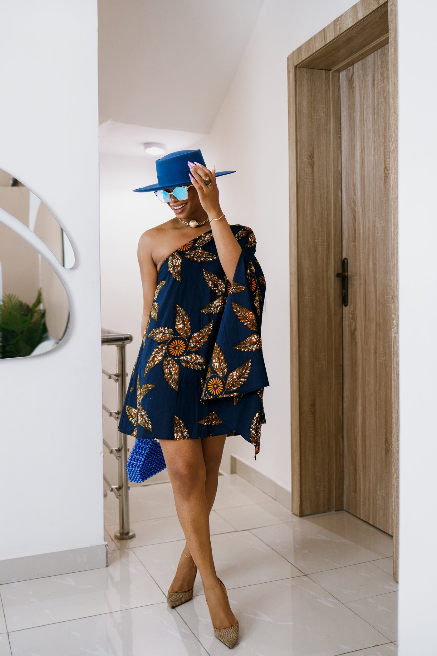 AYANNA AFRICAN PRINT MONO STRAP DRESS [NAVY BLUE]
