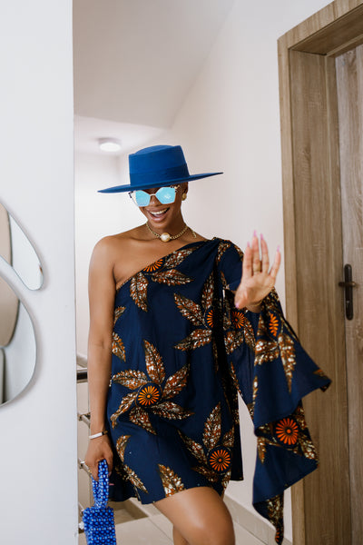 AYANNA AFRICAN PRINT MONO STRAP DRESS [NAVY BLUE]
