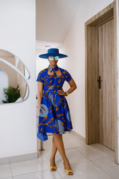 MIA AFRICAN PRINT OPEN FRONT SHIRT DRESS [BLUE]