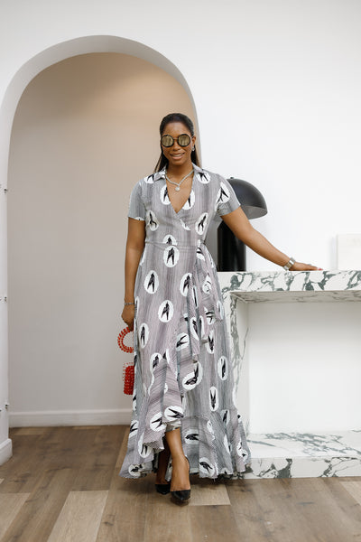 grey wrap maxi dress BOLA AFRICAN PRINT – MAE OTTI color:bark