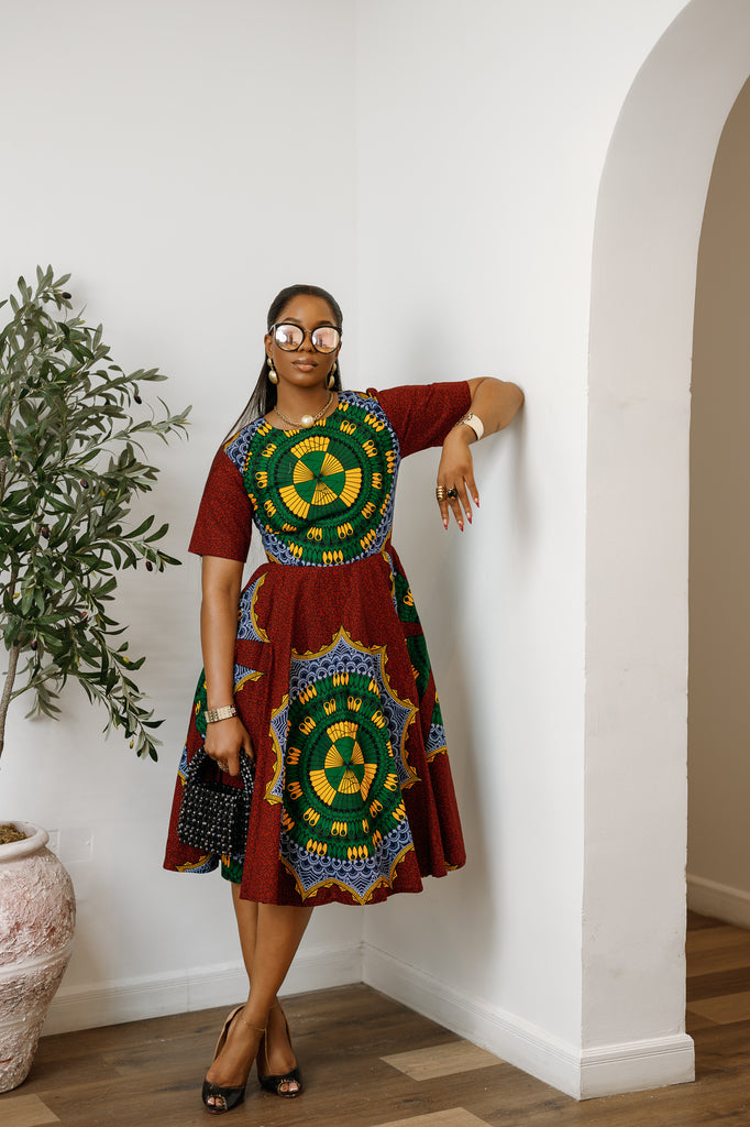 green african print dress African Print Flare Midi Long Green dress