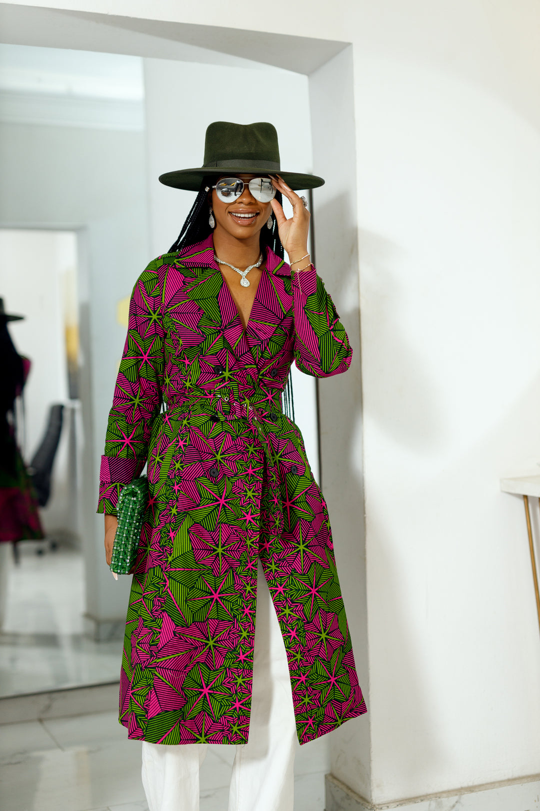 CORETHA AFRICAN PRINT TRENCH JACKET [PINK AND GREEN]