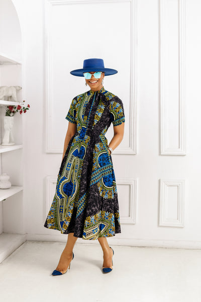 ANGELINA AFRICAN PRINT TIE NECK MIDI DRESS [BLUE]