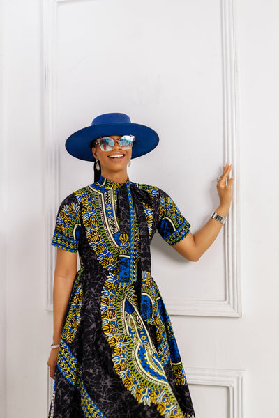 ANGELINA AFRICAN PRINT TIE NECK MIDI DRESS [BLUE]