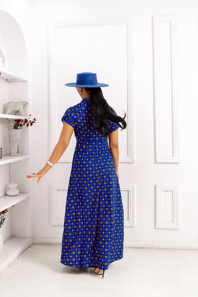 NANNY AFRICAN PRINT MAXI A-LINE SHIRT DRESS [BLUE]