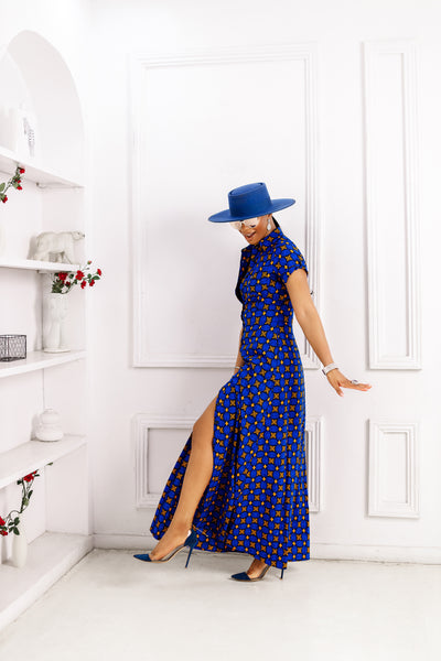 NANNY AFRICAN PRINT MAXI A-LINE SHIRT DRESS [BLUE]