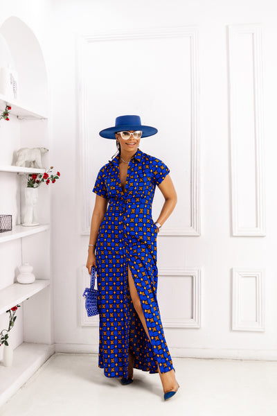NANNY AFRICAN PRINT MAXI A-LINE SHIRT DRESS [BLUE]