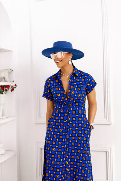 NANNY AFRICAN PRINT MAXI A-LINE SHIRT DRESS [BLUE]