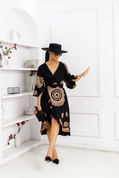 ANA AFRICAN PRINT MIDI WRAP DRESS [BLACK]